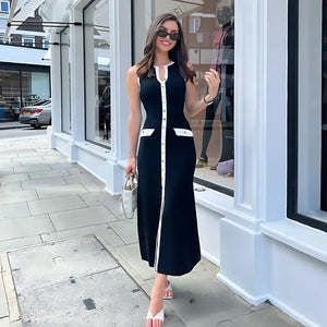 Vestido Midi Preto Elegante Botões Frontais