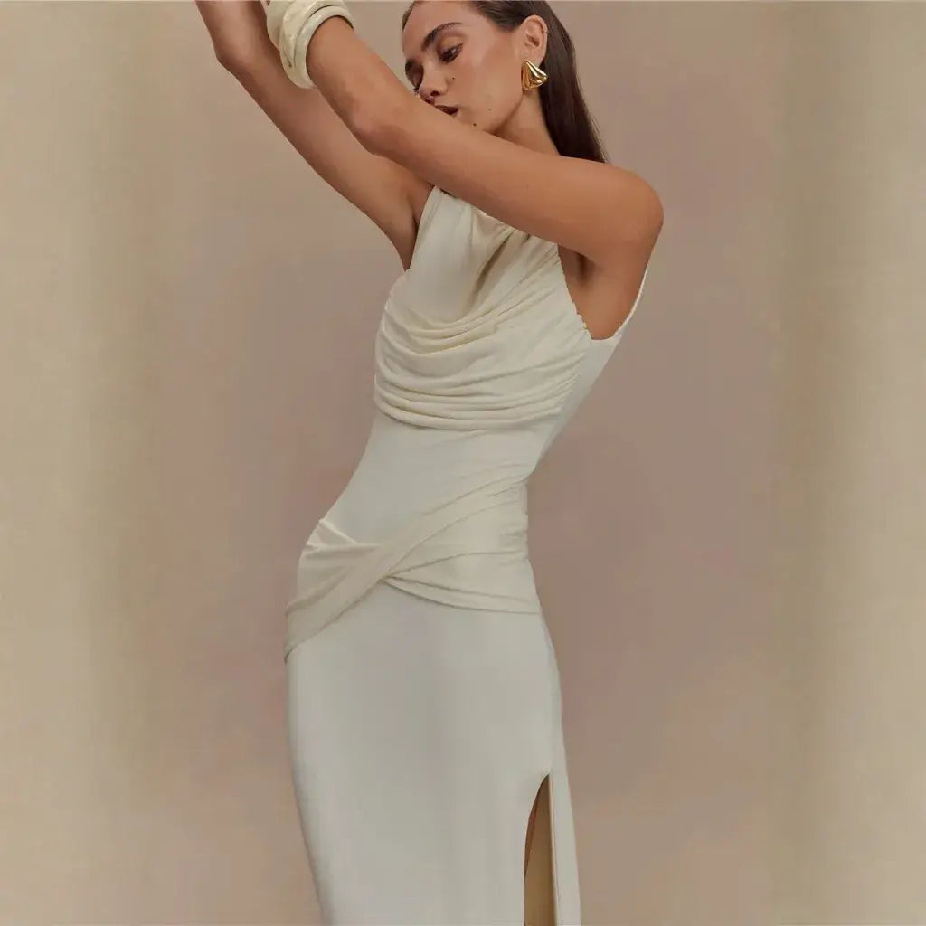 Vestido Para Réveillon Longo Branco Elegante Drapeado Fenda
