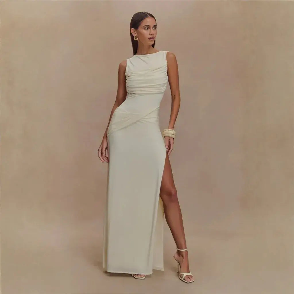 Vestido Para Réveillon Longo Branco Elegante Drapeado Fenda