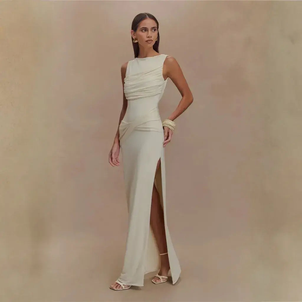 Vestido Para Réveillon Longo Branco Elegante Drapeado Fenda