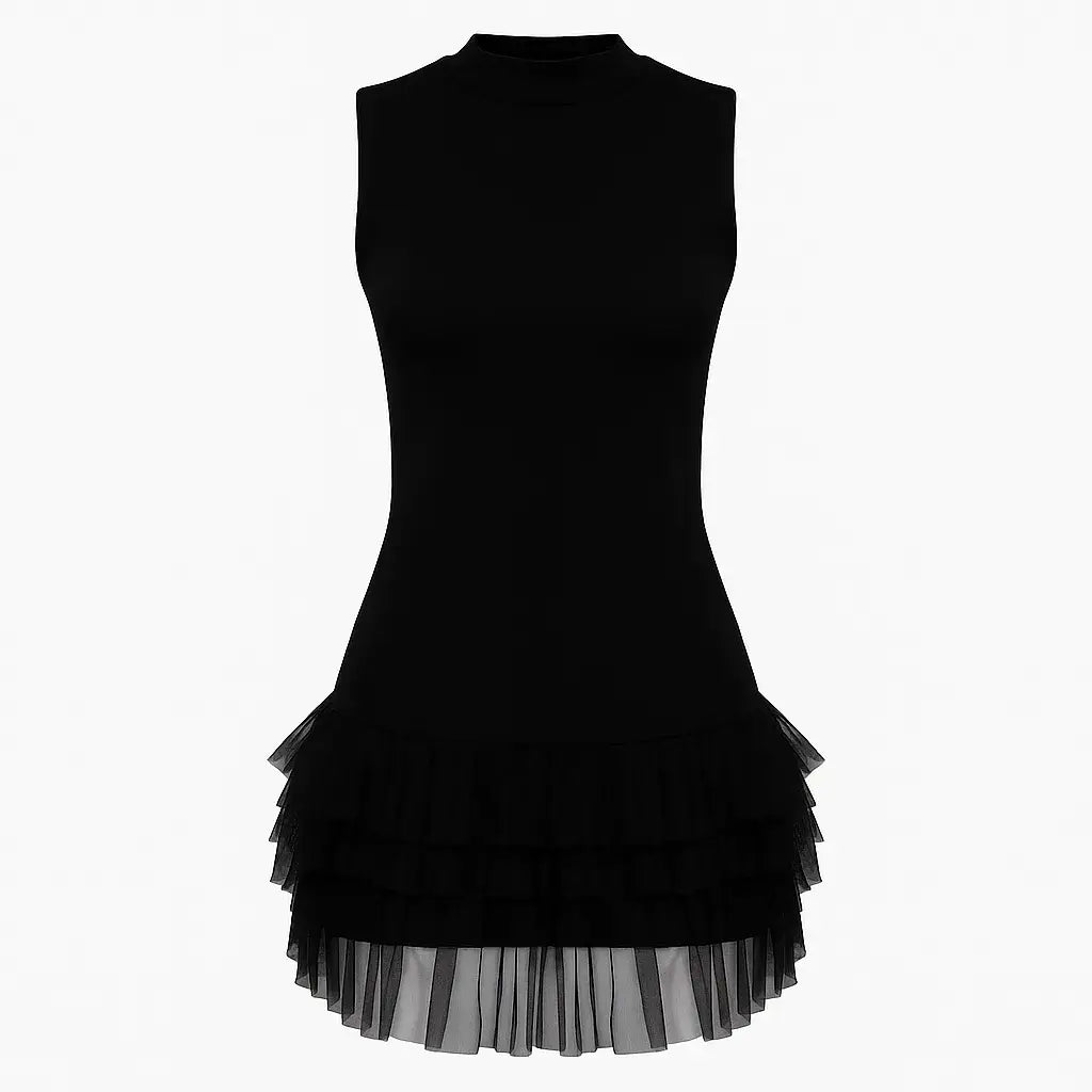 Vestido Preto Curto Justo com Babados em Tule