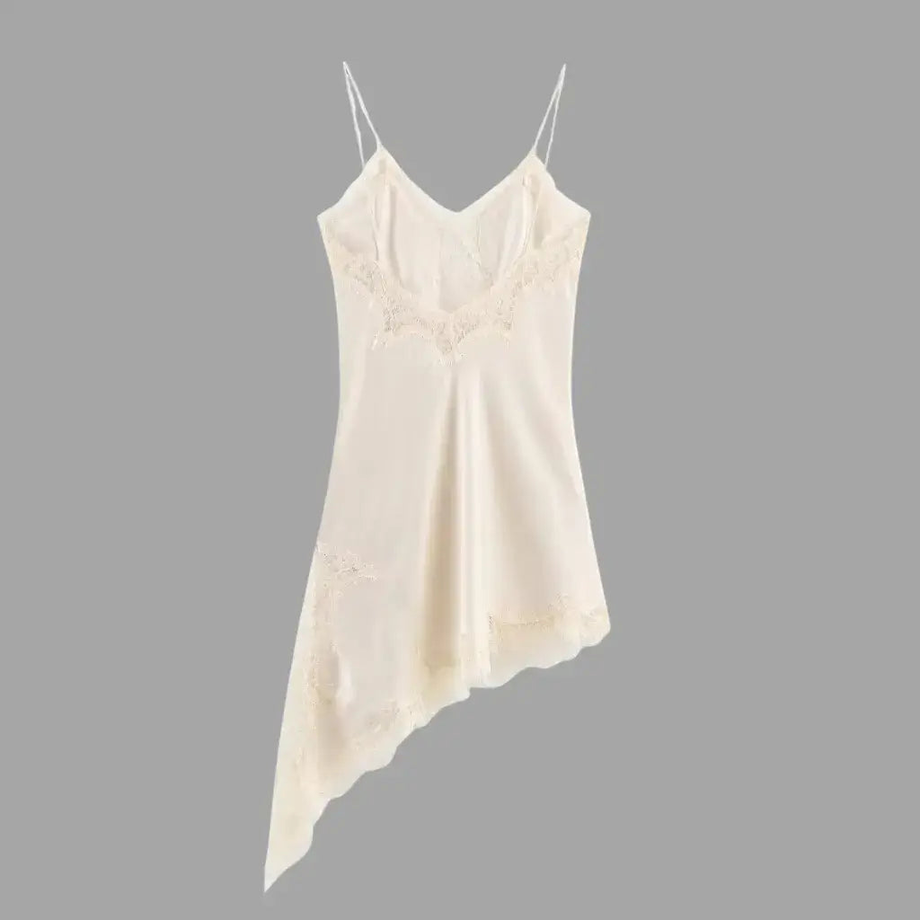 Vestido Slip Dress de Cetim Assimétrico com Renda Feminino