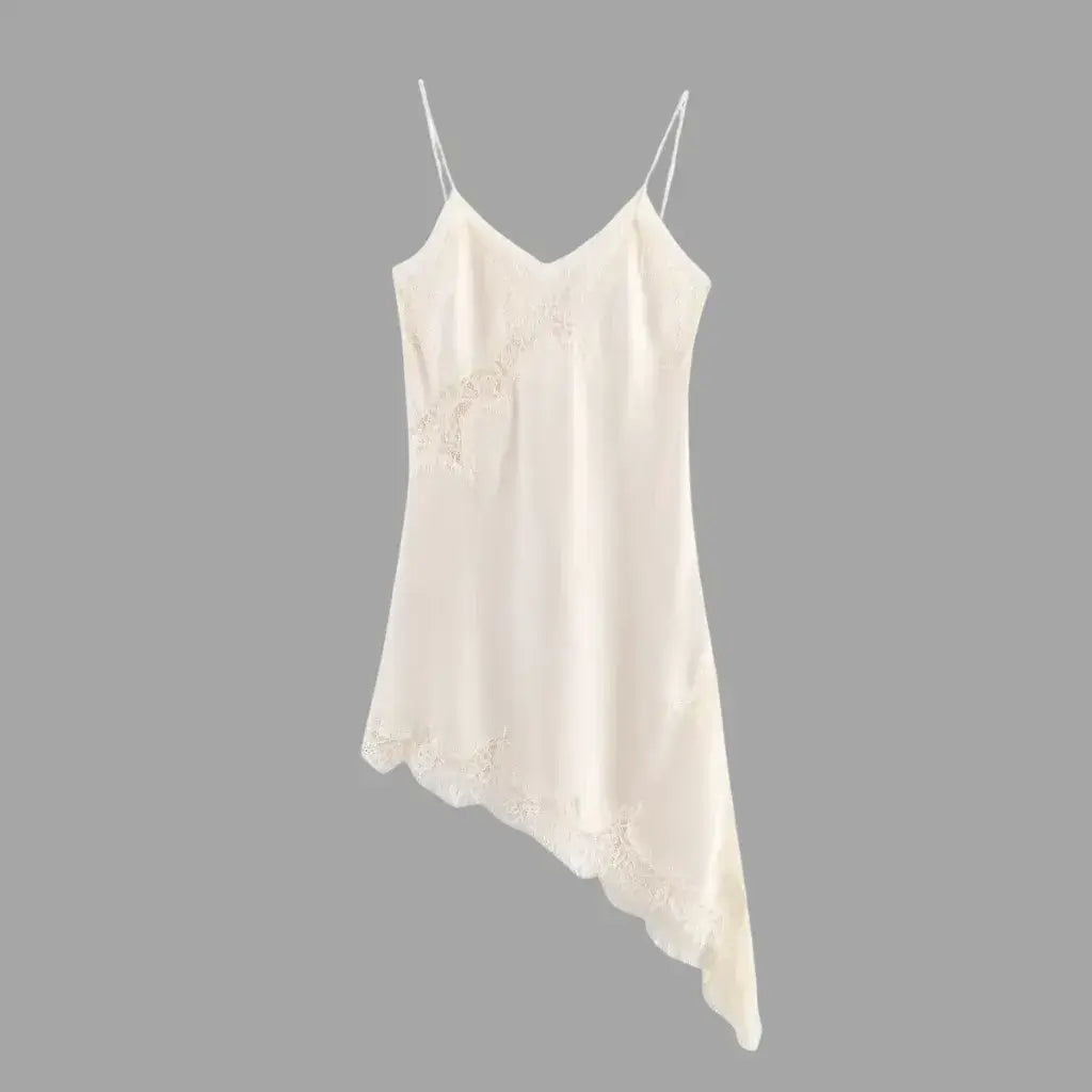 Vestido Slip Dress de Cetim Assimétrico com Renda Feminino