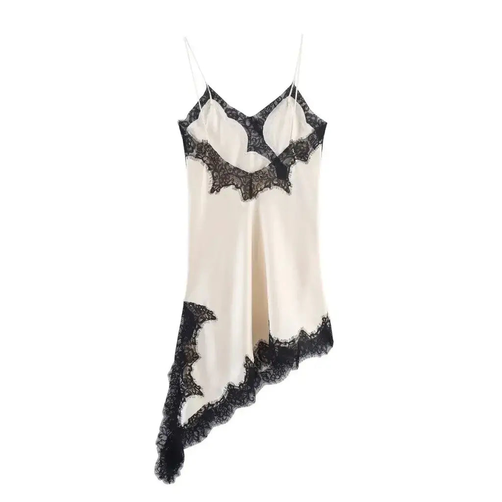 Vestido Slip Dress de Cetim Assimétrico com Renda Feminino