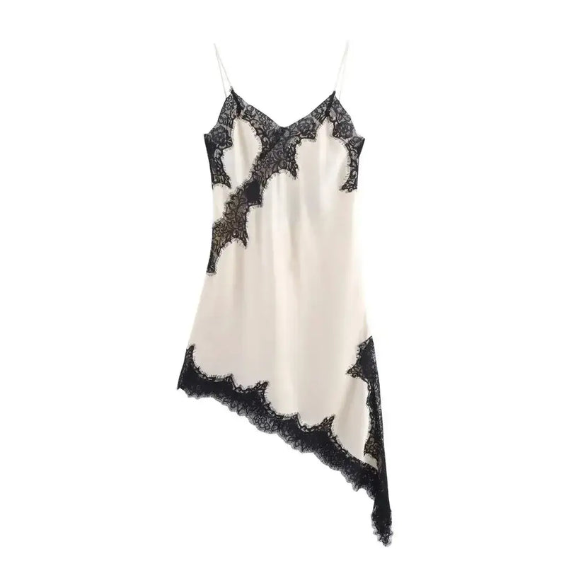 Vestido Slip Dress de Cetim Assimétrico com Renda Feminino