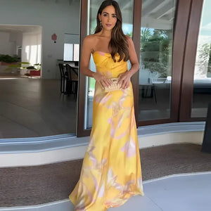 Vestido Tomara que Caia Longo Estampado Elegante Cetim