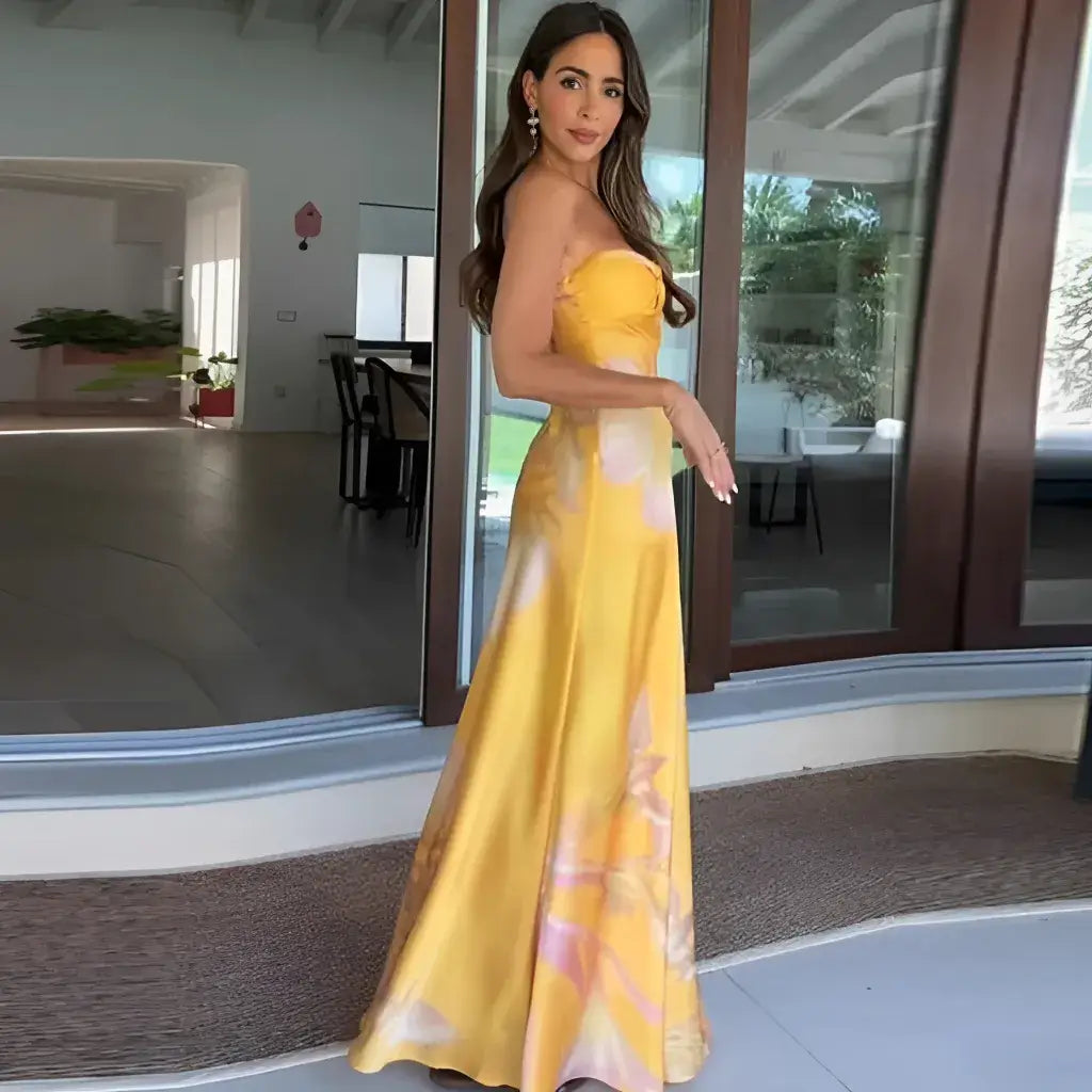 Vestido Tomara que Caia Longo Estampado Elegante Cetim