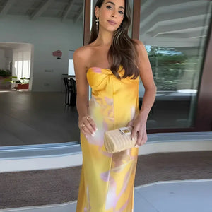 Vestido Tomara que Caia Longo Estampado Elegante Cetim