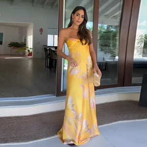 Vestido Tomara que Caia Longo Estampado Elegante Cetim