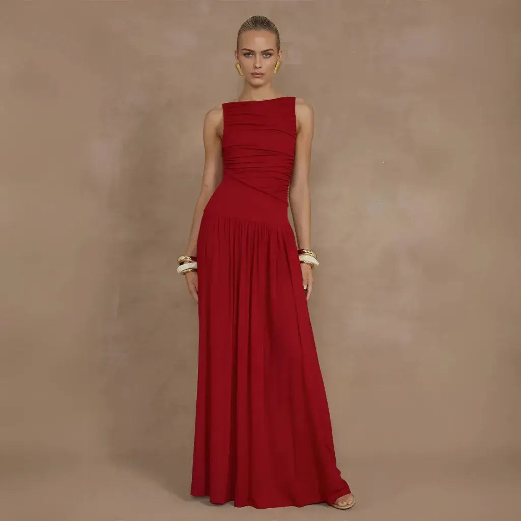 Vestido Vermelho Para o Natal Longo Drapeado Elegante Básico