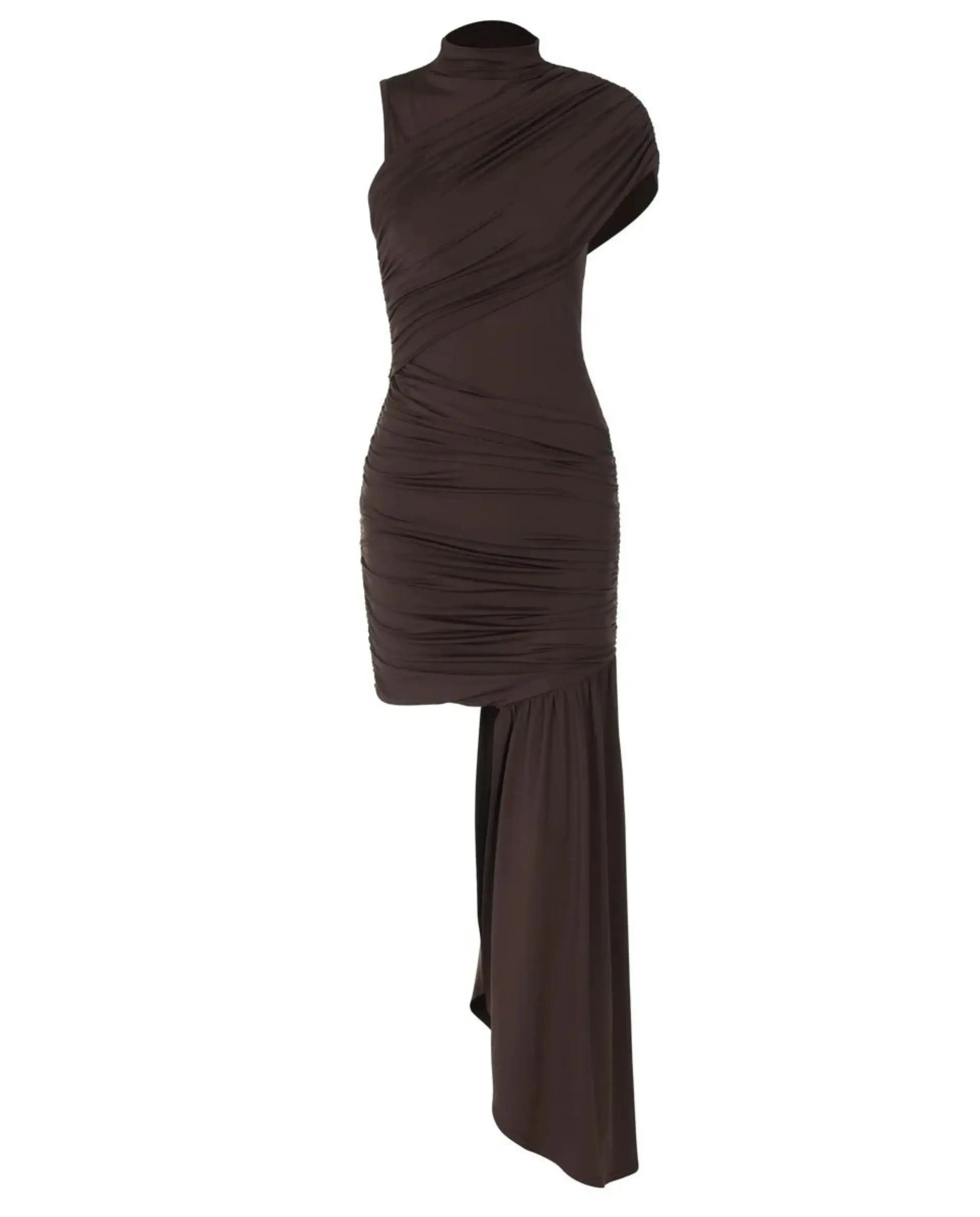 Vestido de Festa Curto Drapeado Cauda Lateral Elegante