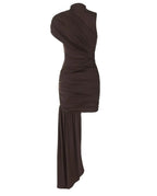 Vestido de Festa Curto Drapeado Cauda Lateral Elegante