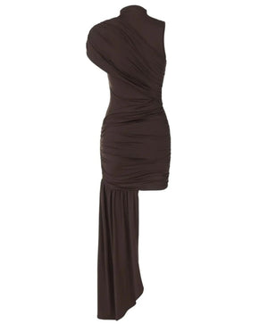 Vestido de Festa Curto Drapeado Cauda Lateral Elegante