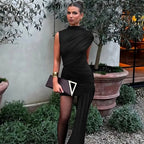 Vestido de Festa Curto Drapeado Cauda Lateral Elegante