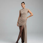 Vestido de Festa Curto Drapeado Cauda Lateral Elegante