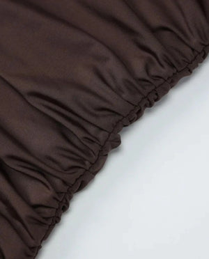 Vestido de Festa Curto Drapeado Cauda Lateral Elegante