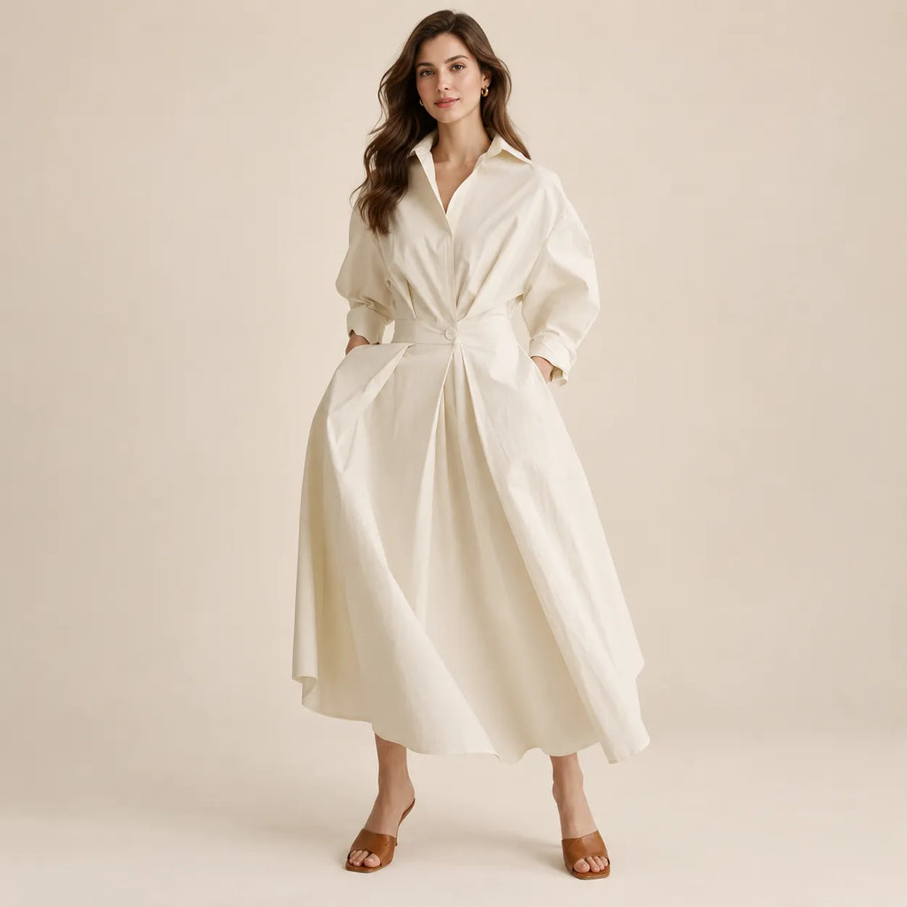Vestido Chemise Feminino Longo Manga Longa com Bolsos - Mathilde