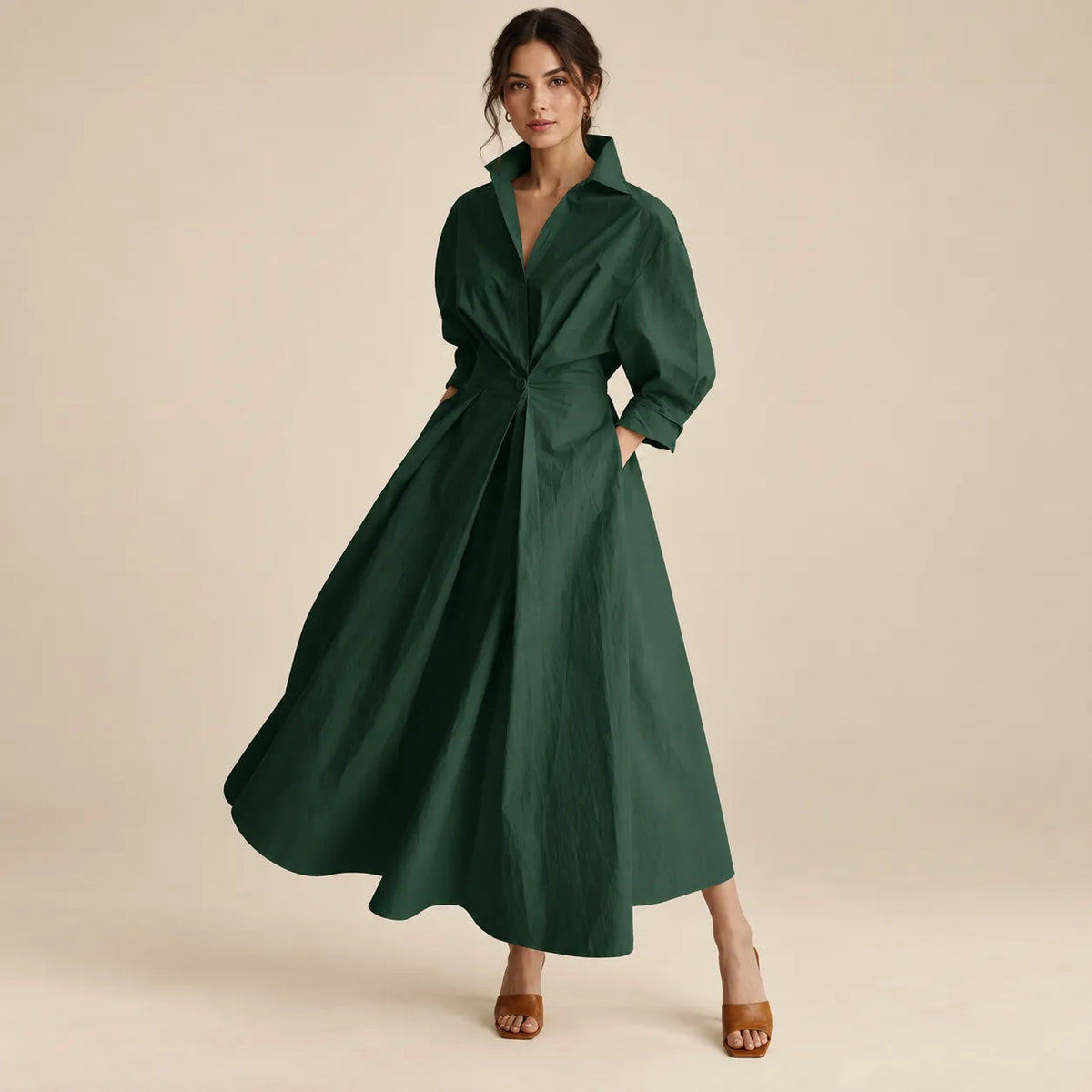 Vestido Chemise Feminino Longo Manga Longa com Bolsos - Mathilde