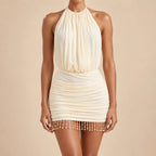 Vestido Curto Feminino Frente Única Drapeado com Franjas - Anneliese