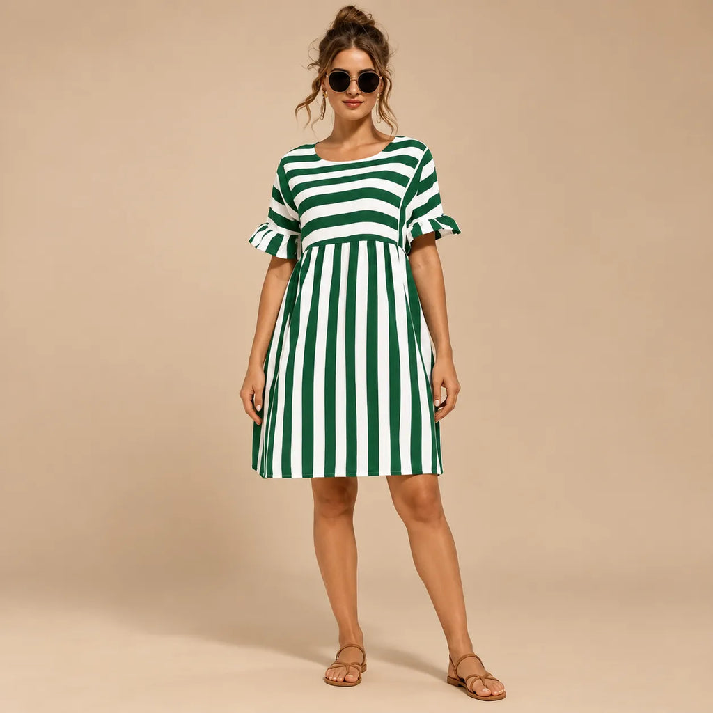 Vestido Curto Soltinho Listrado Feminino Plus Size Manga Babado