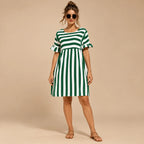 Vestido Curto Soltinho Listrado Feminino Plus Size Manga Babado