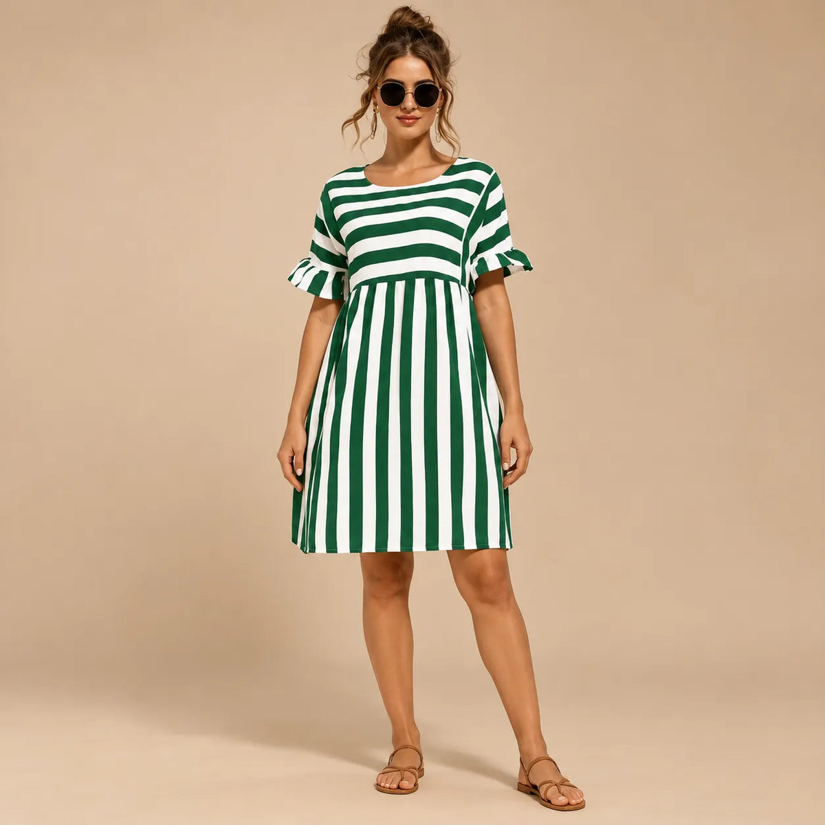 Vestido Curto Soltinho Listrado Feminino Plus Size Manga Babado