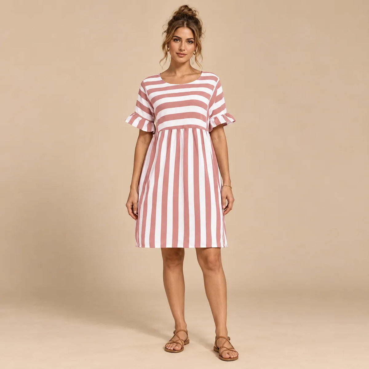 Vestido Curto Soltinho Listrado Feminino Plus Size Manga Babado