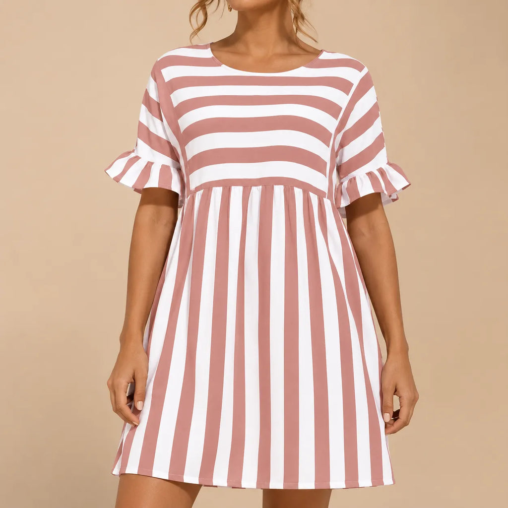 Vestido Curto Soltinho Listrado Feminino Plus Size Manga Babado
