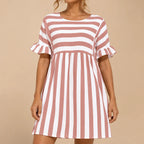 Vestido Curto Soltinho Listrado Feminino Plus Size Manga Babado