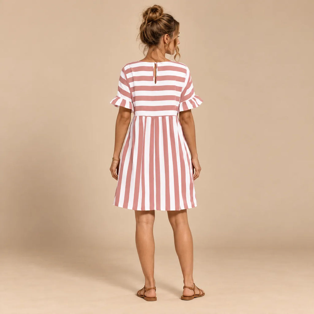 Vestido Curto Soltinho Listrado Feminino Plus Size Manga Babado
