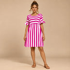 Vestido Curto Soltinho Listrado Feminino Plus Size Manga Babado