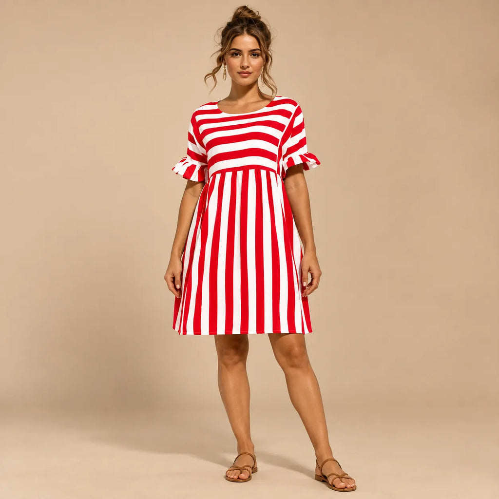 Vestido Curto Soltinho Listrado Feminino Plus Size Manga Babado