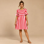 Vestido Curto Soltinho Listrado Feminino Plus Size Manga Babado