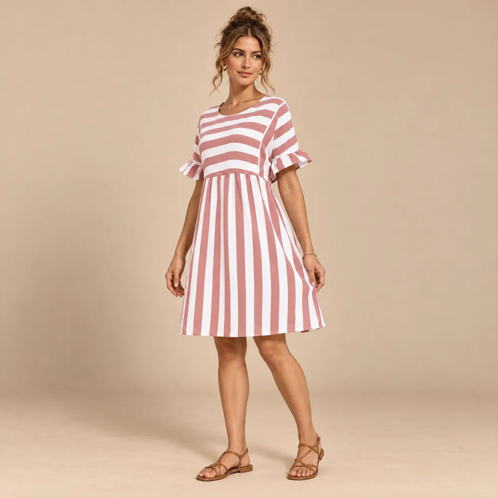 Vestido Curto Soltinho Listrado Feminino Plus Size Manga Babado