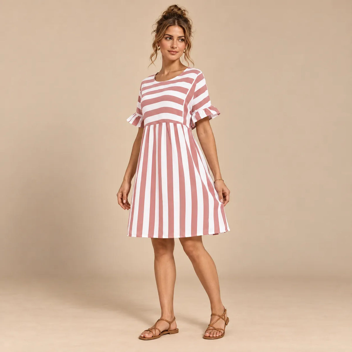 Vestido Curto Soltinho Listrado Feminino Plus Size Manga Babado