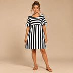 Vestido Curto Soltinho Listrado Feminino Plus Size Manga Babado