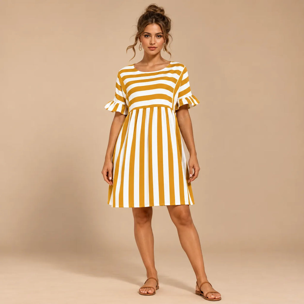 Vestido Curto Soltinho Listrado Feminino Plus Size Manga Babado