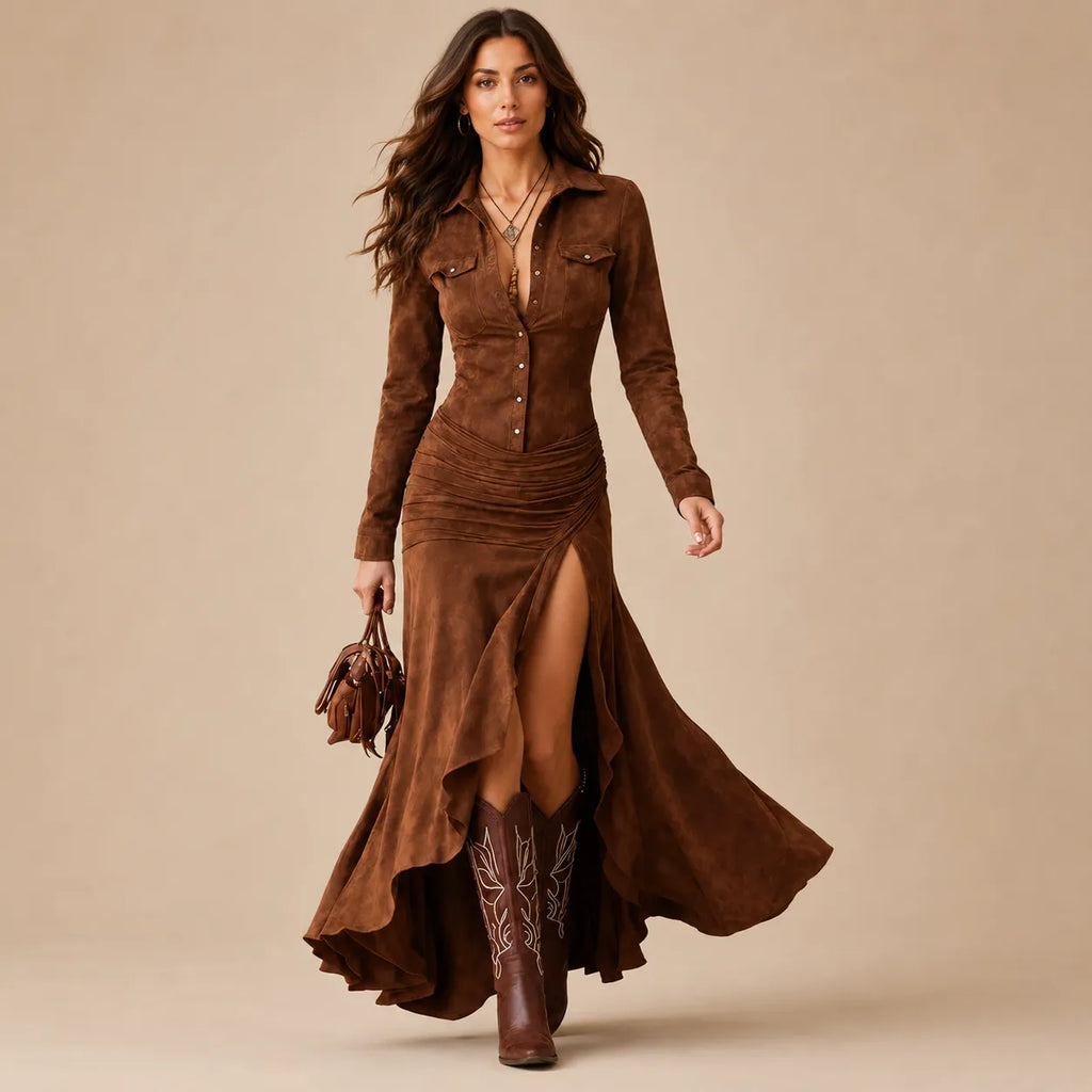Vestido Longo Feminino Gola Lapela com Babados - Margaux