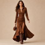 Vestido Longo Feminino Gola Lapela com Babados - Margaux