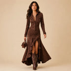 Vestido Longo Feminino Gola Lapela com Babados - Margaux