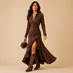 Vestido Longo Feminino Gola Lapela com Babados - Margaux