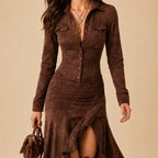 Vestido Longo Feminino Gola Lapela com Babados - Margaux