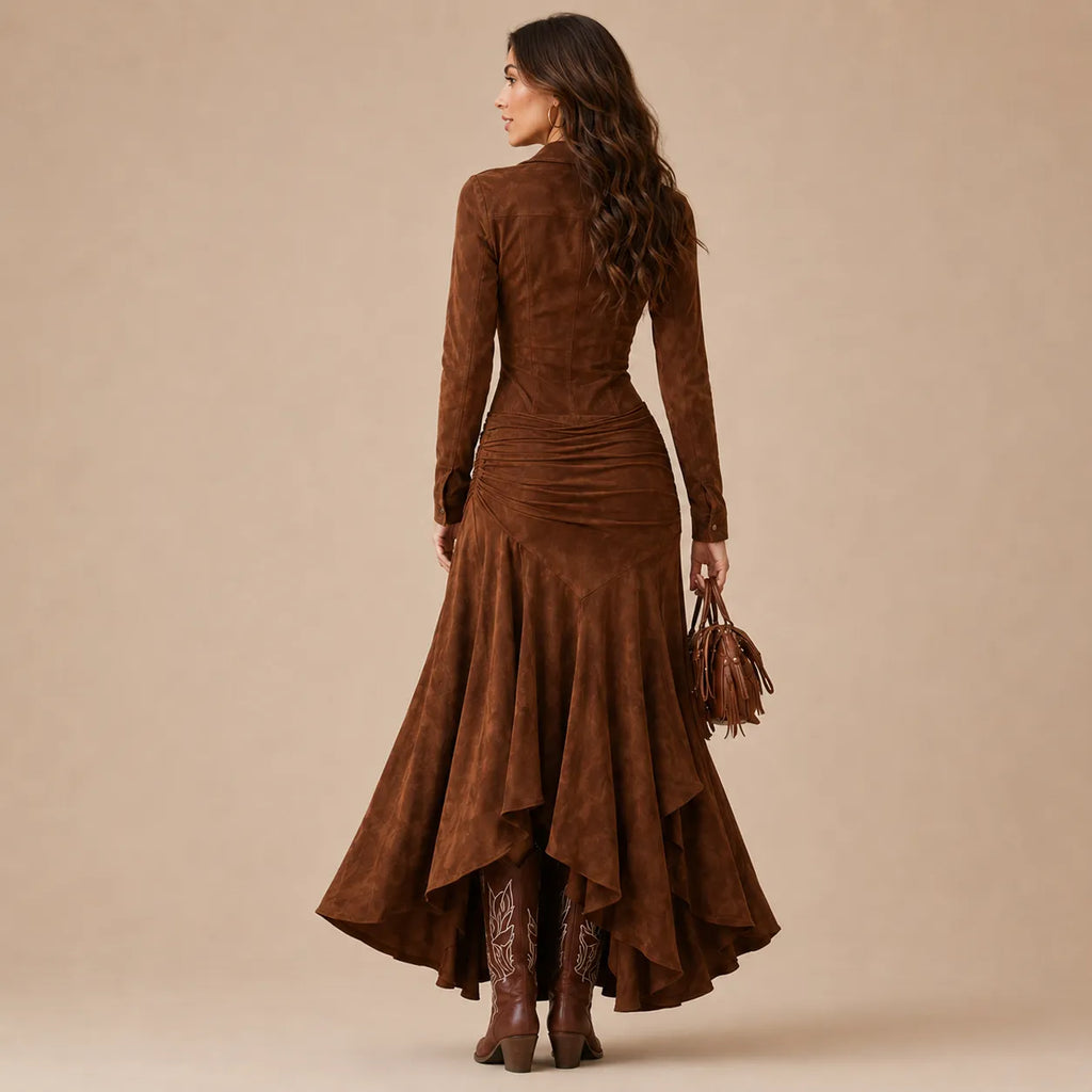 Vestido Longo Feminino Gola Lapela com Babados - Margaux