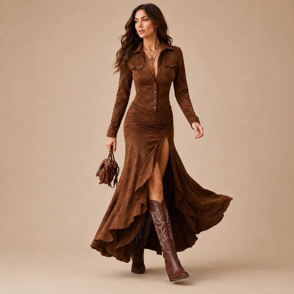 Vestido Longo Feminino Gola Lapela com Babados - Margaux