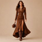 Vestido Longo Feminino Gola Lapela com Babados - Margaux