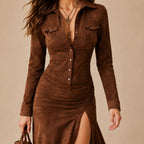 Vestido Longo Feminino Gola Lapela com Babados - Margaux