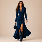 Vestido Longo Feminino Gola Lapela com Babados - Margaux