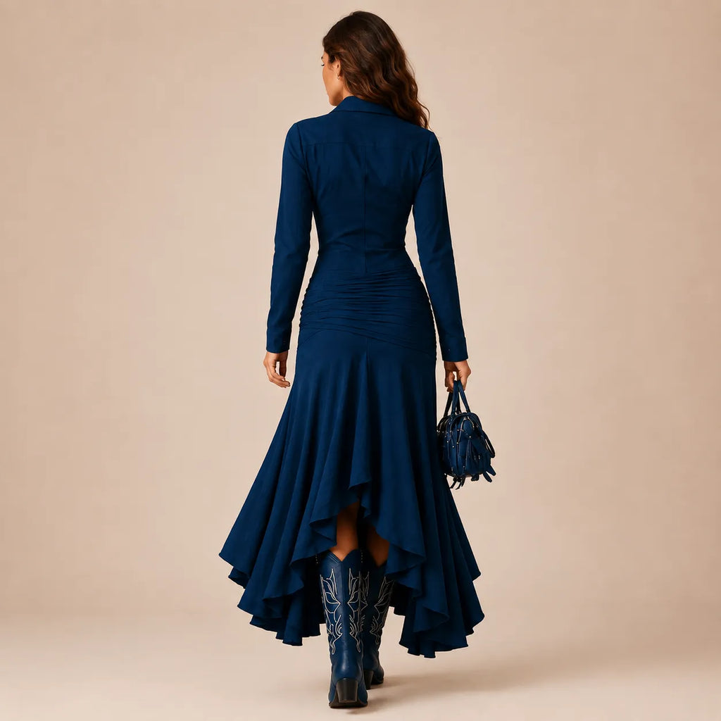 Vestido Longo Feminino Gola Lapela com Babados - Margaux