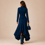 Vestido Longo Feminino Gola Lapela com Babados - Margaux