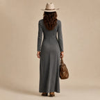 Vestido Longo Feminino Jeans com Botões e Fenda Frontal
